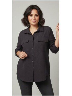 CASA CABANA Izzie Black Seersucker Roll Tab Sleeve Button Up Blouse Women L NWT